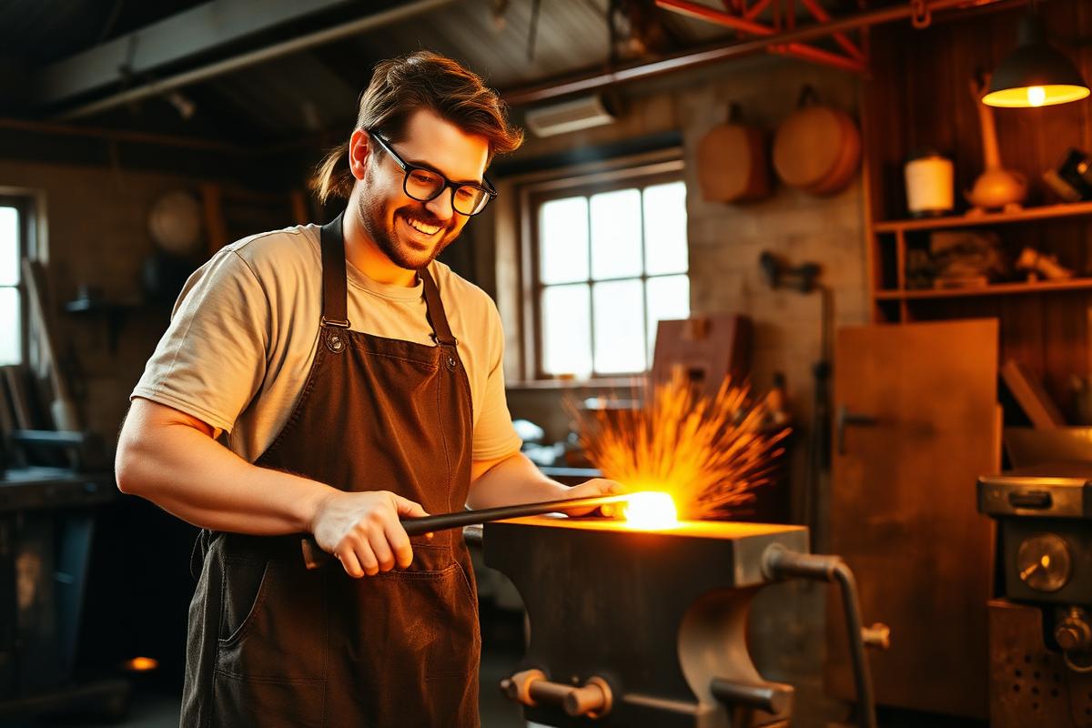 A couple forging glowing steel together at an anvil in a blacksmith shop