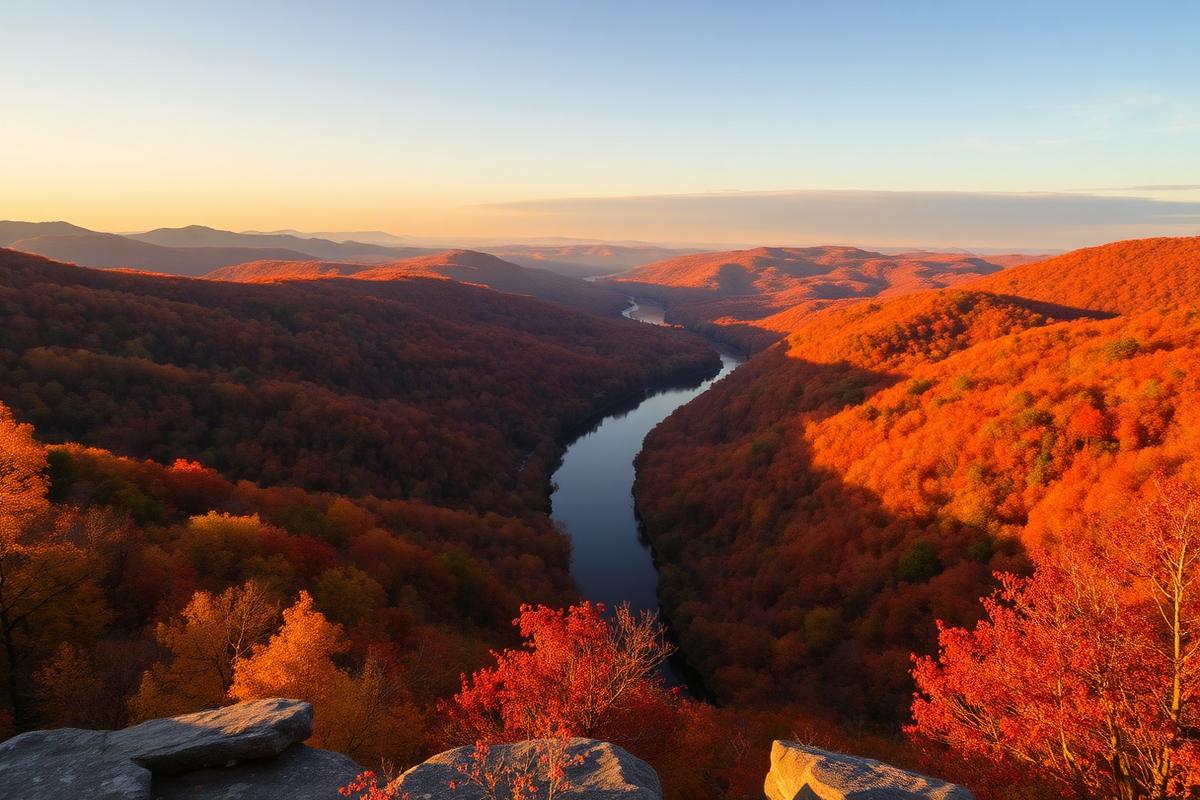 Autumn view over the Hudson River and forested hills in the Hudson Valley