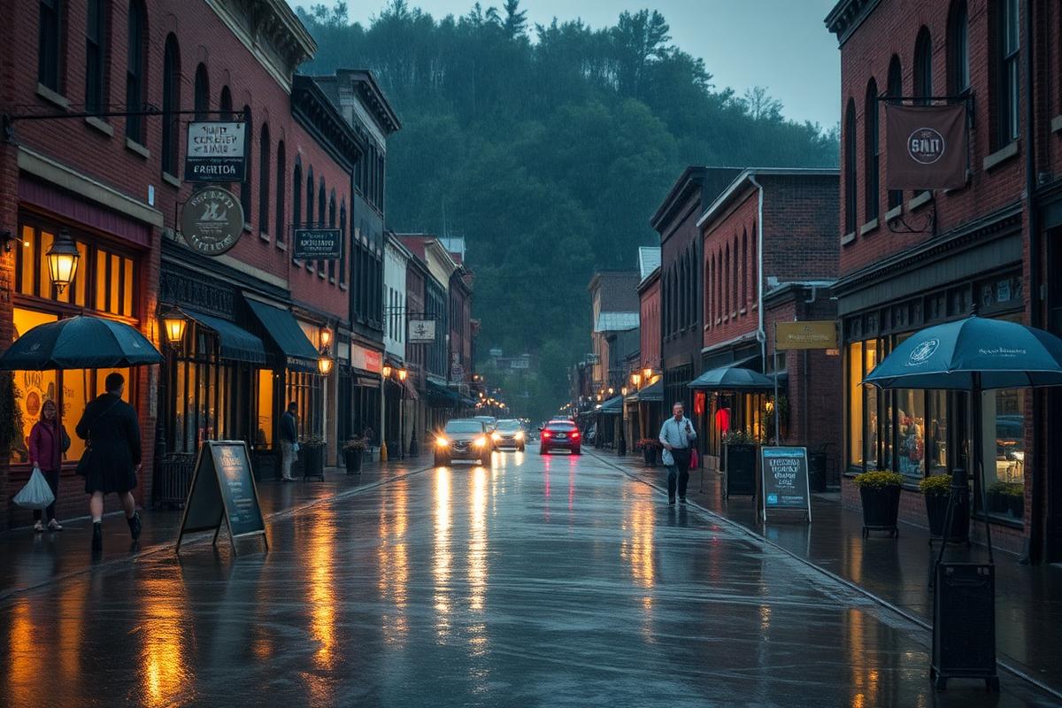 Rainy main street in a small Hudson Valley town with glowing shop windows
